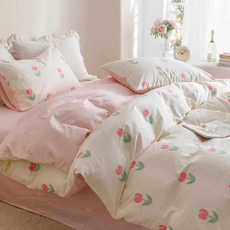 Ins Style Pure Cotton Four-piece Student Dormitory Bed Pillowcase Quilt Cover Sheet Three-piece Fitted Sheet Set