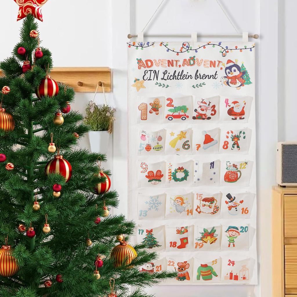 Christmas Advent Calendar with 24 Pocket Canvas Fabric Hanging Accessories for Wall and Door Decoration Party Supplies