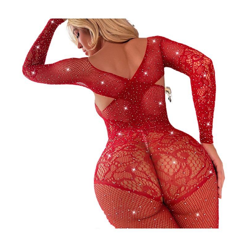 Sex Underwear Hot Drill Chest Embroidered Mesh Socks Long Sleeve One-piece Stockings Hollow Temptation One-piece Socks T