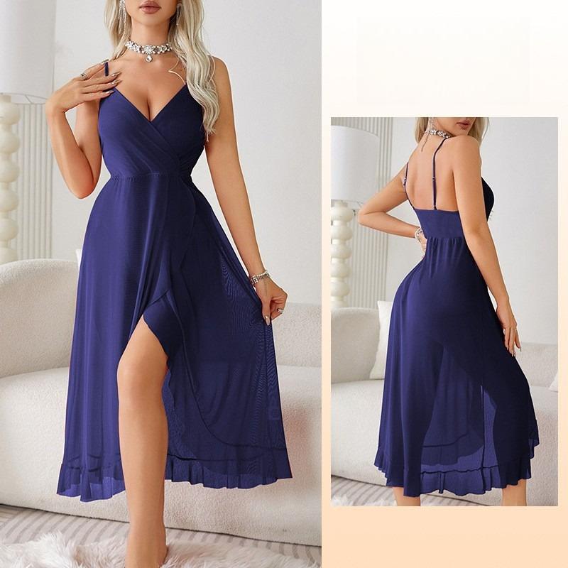 Elegantní noční košilka s V-výstřihem a vysokým rozparkem, bez zad a bez rukávů, sexy cami, dámské domácí oblečení 683, sofistikované, lichotivé oblečení na spaní pro sebevědomé ženy
