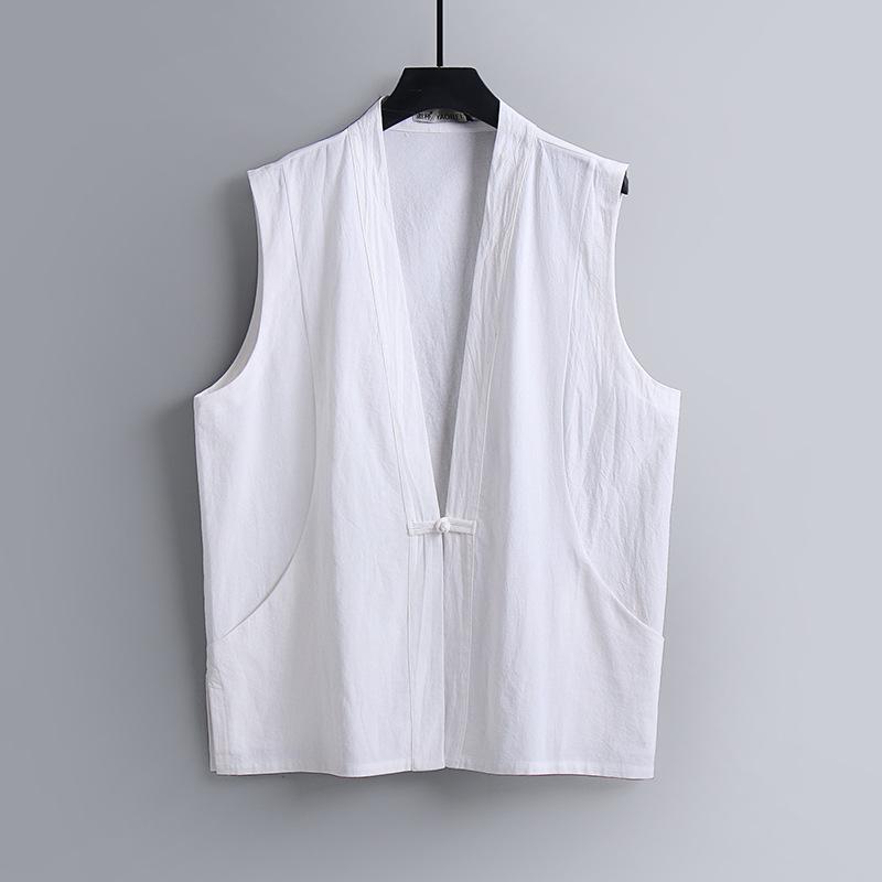 Men's Summer Plus Size Thin Section Linen Sleeveless Vest Vintage Disk Buckle Loose Tops