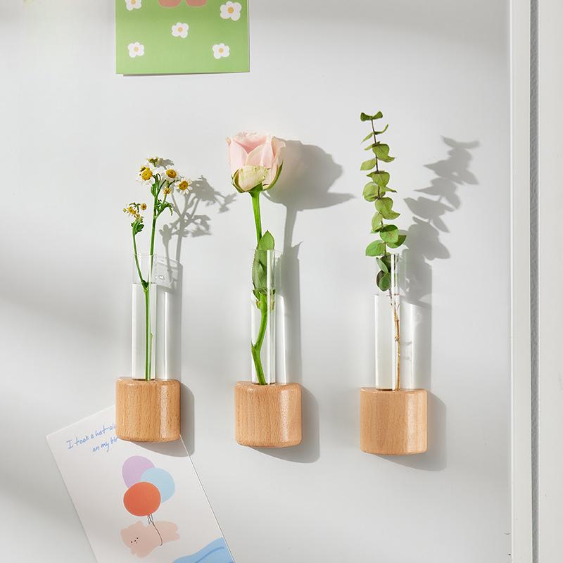 Wooden Wall Cube Flowerpot Plant Cultivation Station Plastic Tube Single Stem Flower Bud Vase Mini Vase Refrigerator Decoration