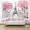 Romantic European City Landscape Tapestry, Sakura Blossom Eiffel Tower Landmark Watercolor Scenery Wall Cloth Home Warm Backdrop