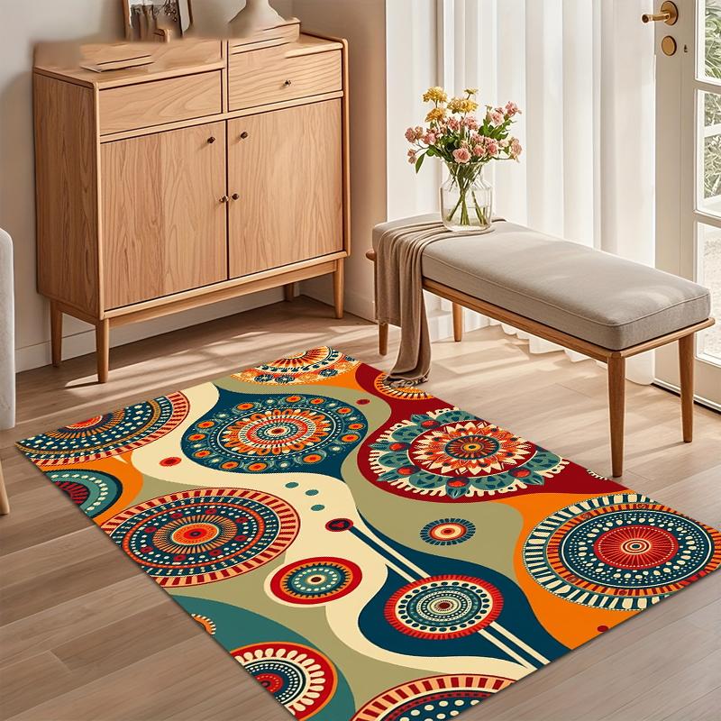 Mehrfarbiger Mandala Böhmischer Teppich für Wohnzimmer Schlafzimmer Retro Hippie Heimdekoration Weiche Rutschfeste Waschbare Fußmatte