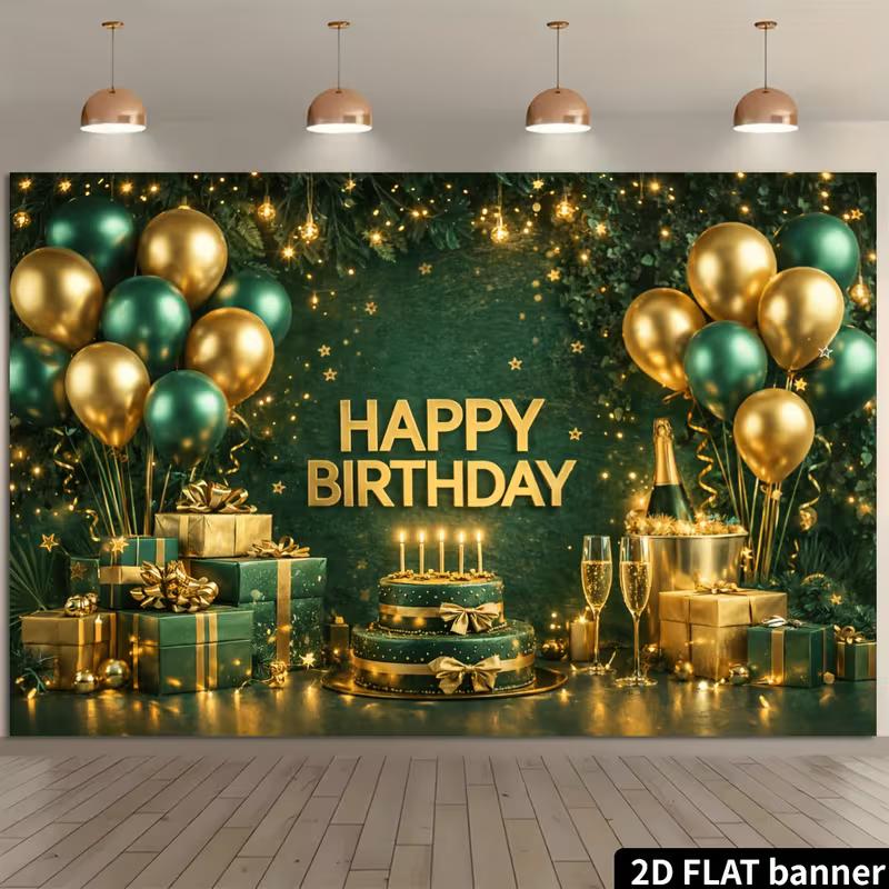 2D Green Gold Theme Birthday Photography Background Cloth