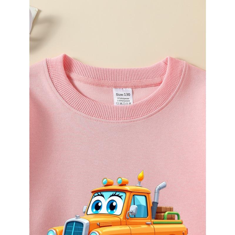 European Sizes Cartoon Orange Truck Girls' Crew Neck Sweatshirt, Autumn Winter, Long-Sleeved, Casual Colors for Young Girls.
