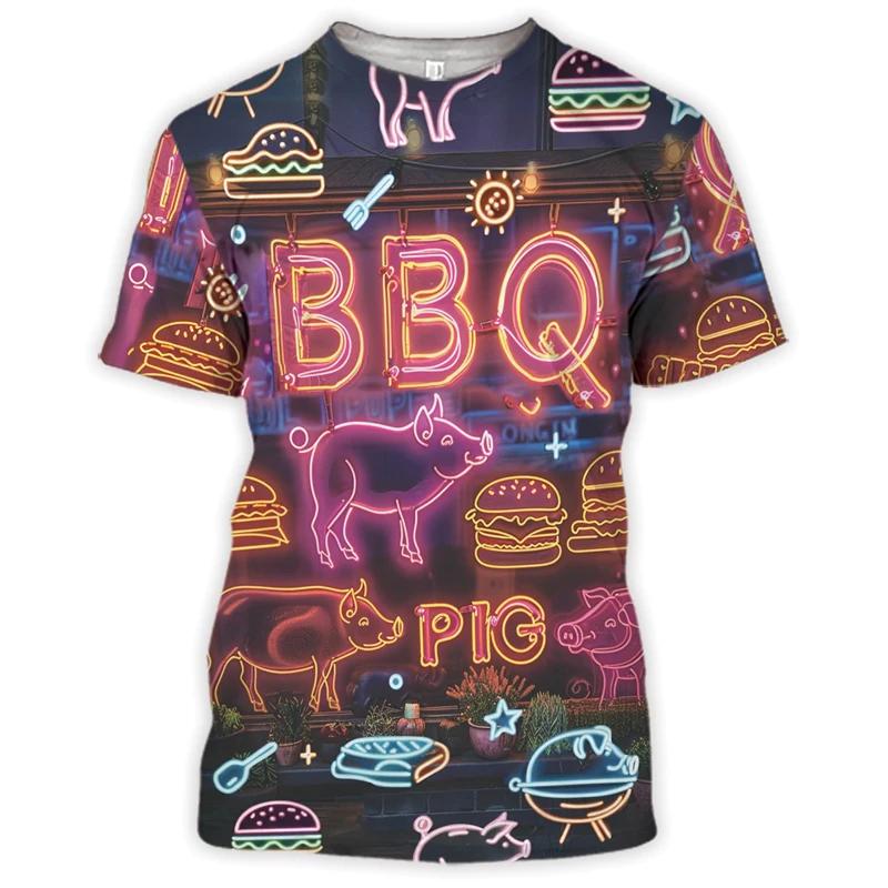 Grill Party Graphic Barbecue Pork T-Shirt Men Picnic BBQ T-Shirt Grilling Hamburger Fashion Fun T-shirt