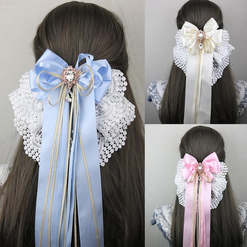 Sweet Large Bowknot Embroidered With Lace Hair Clip Lolita Long Ribbon Hairpin Ponytail Hair Bands Hair Accessories