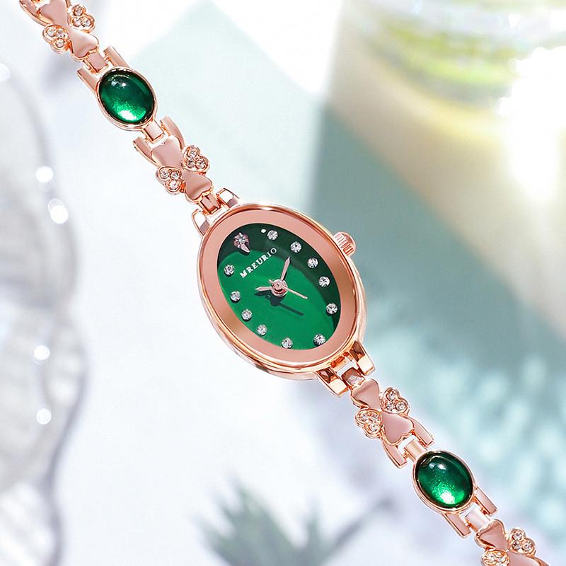 Elegant Ladies Watch With Green Gemstone Dial Quartz Movement For Casual Wear
