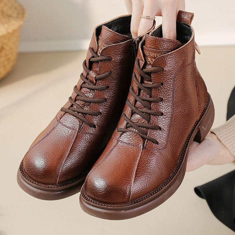 Autumn new first-layer cowhide mid-heel soft-soled women's short boots retro casual leather Martin boots warm women's cotton shoes