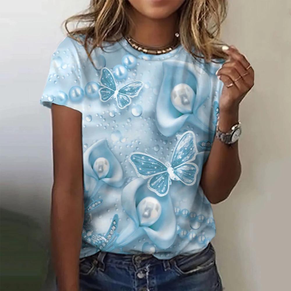 2024 Fashion Women's T-Shirt 3D Butterfly Print Crew Collar Short Sleeve Luxury Women's T-Shirt Oversized Y2K Clothing for Girls