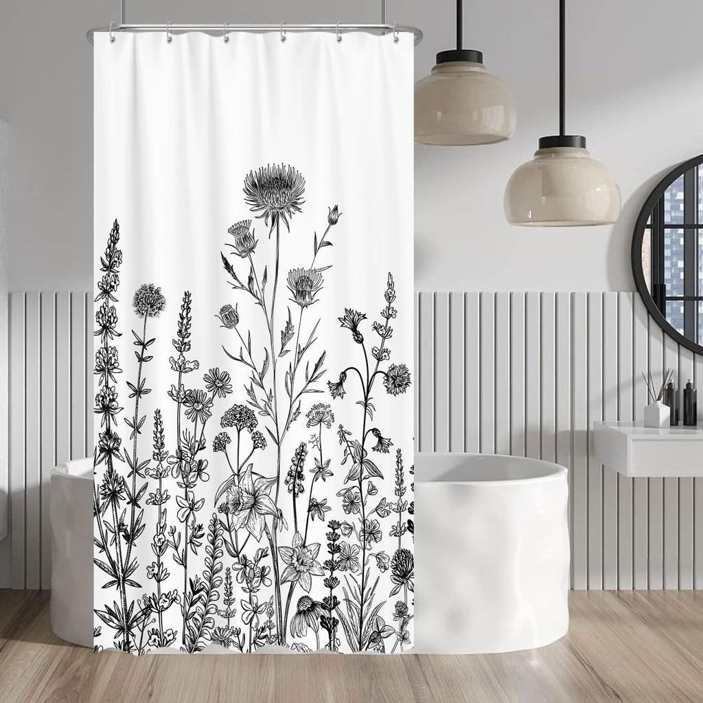 Vintage Black Gold Boho Shower Curtain, Dark Wildflower Botanical Print, Farmhouse Floral Art with Hooks