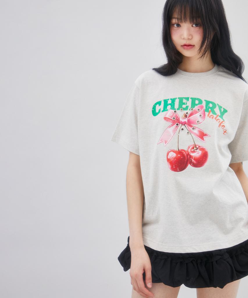 LALAFOX Cherry Heart T-Shirt Printed Short Sleeve T-Shirt Oatmeal Br2Ch015