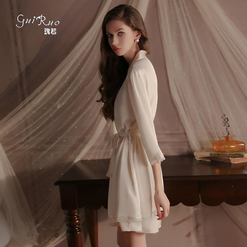 Sweet and Smooth Satin Underwear Pure Desire Sexy Plus Chest Pad Nightdress Robe Loungewear Set W