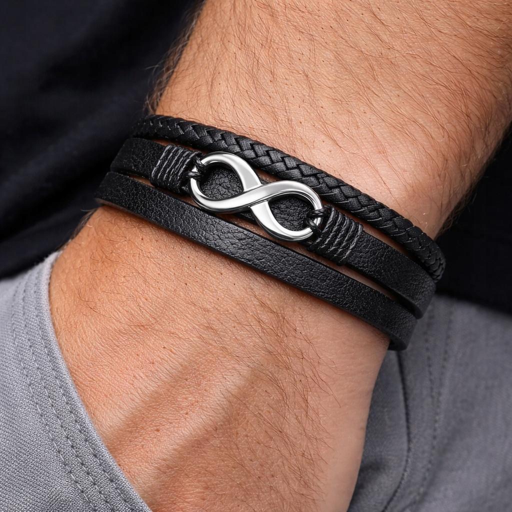 Herren Schwarzes Leder Unendlichkeitsarmband TITAN Elegant