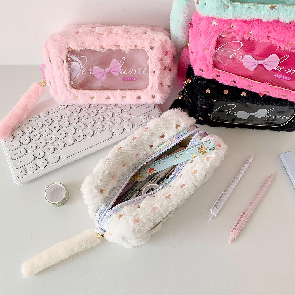 Candy Color Plush Makeup Bag Transparent Cosmetic Bag Girl Bow Pencil Case Stationery Pouch Student Makeup Organizer Wash Bag