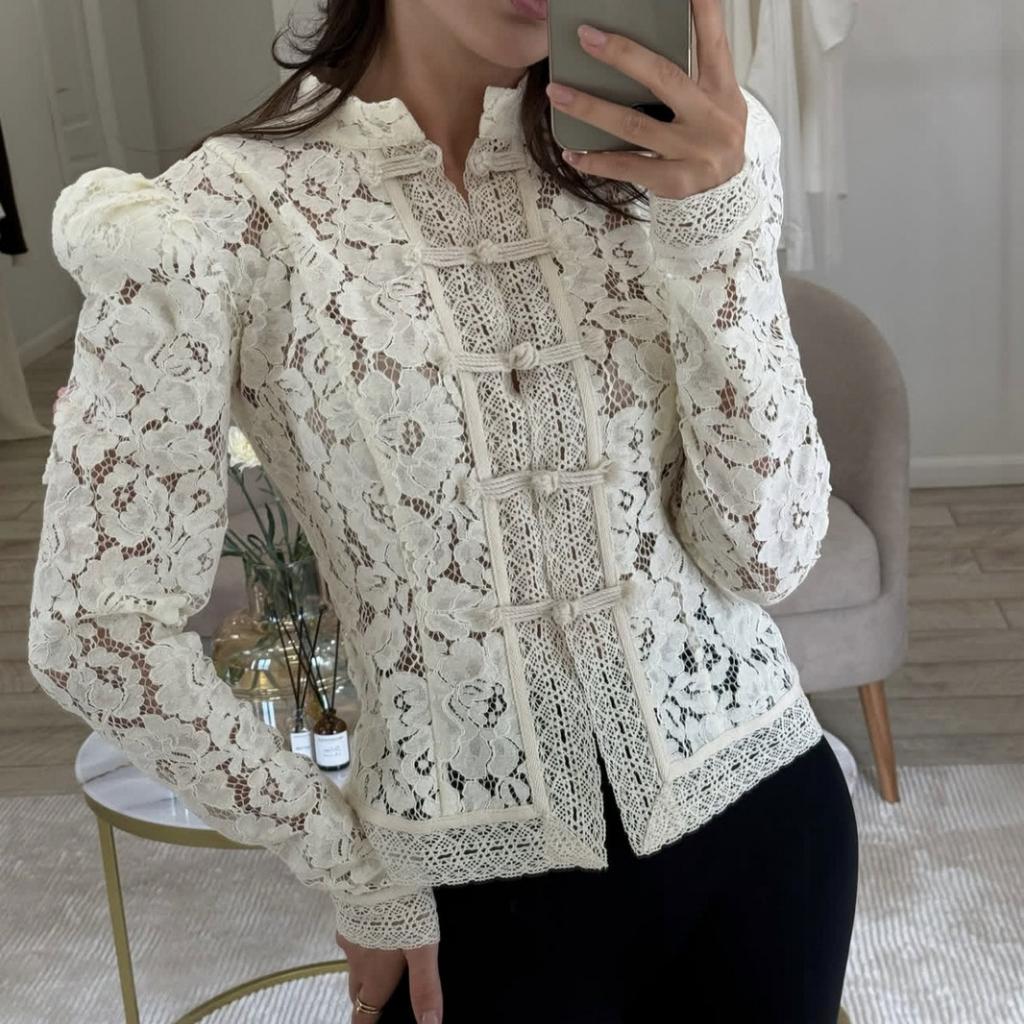 Sommer Neu Damen Spitze Häkeln Stehkragen Slim Fit Bluse Mode Elegant Pendlerhemd