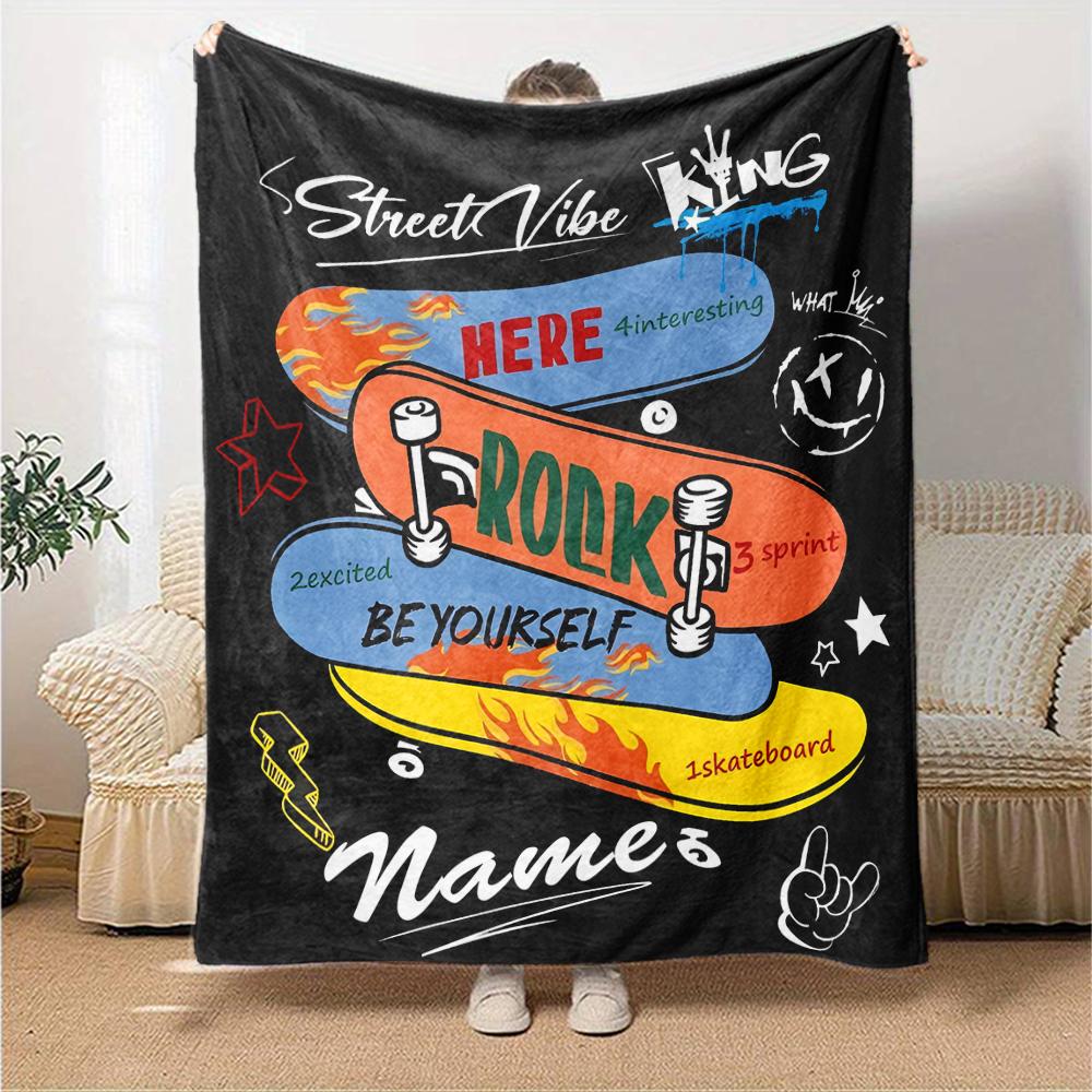 Custom Name Skateboard Theme Printed Blanket - Perfect for Couch, Bed, Travel & Outdoor Use | Machine Washable, Cozy & Durable.