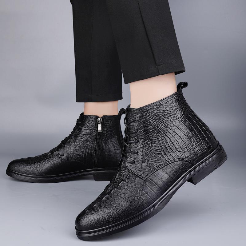 Fashion High Quality Warm Boots Crocodile Pattern Genuine Leather Men Ankle Boots Warm Plush Fur Winter Boots New Arrival Business Shoe