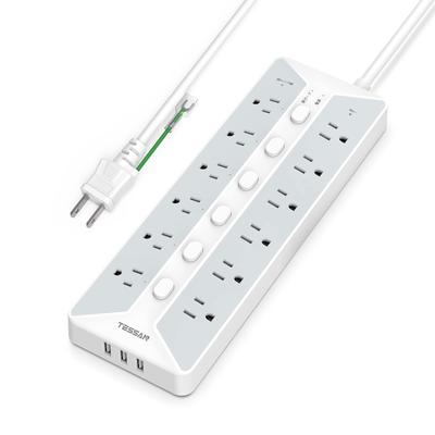 Prise d'alimentation avec interrupteur, rallonge USB de 2 m, TESSAN, 12 prises CA, 3 ports USB, prise de table murale, prise multiple, prise large, pied octopus