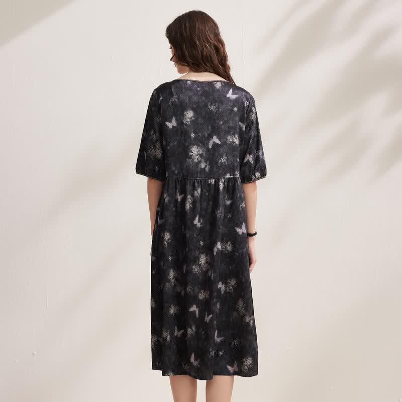 Zhaojun Women's Mulberry Silk Ink Print Midi Dress
