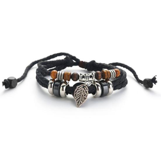 Bracciale Tessuto a Mano Yousheng Perline Vintage Foglia in Lega Ciondolo Multistrato Braccialetto con Perline Stile Etnico Uomo Donna Bracciale Gioielli Accessori Regalo