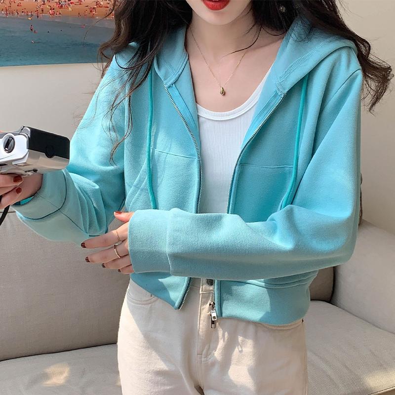 Hooded Sweatshirt Women's Short Double Zipper Solid Color Top Casual Cardigan
