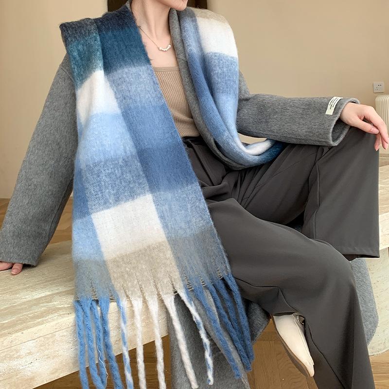 Winter New Scarf Women's Winter Thickened Warm Scarf Colored Plaid Fringed Scarf Shawl Fashionable Outer Cover