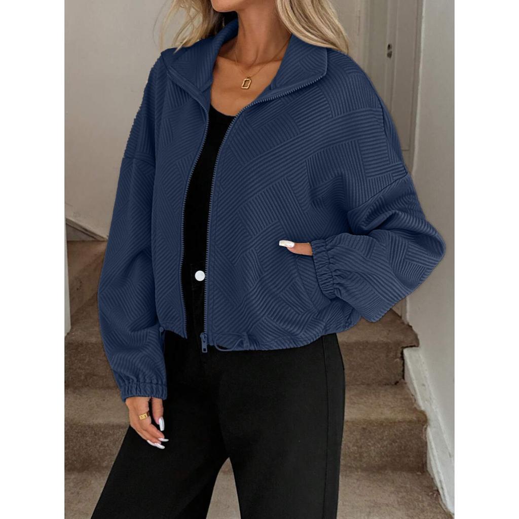 High Neck Zipper Jacket, Drawstring Hem, Pockets, Women's, Loose Fit, Baseball Jacket