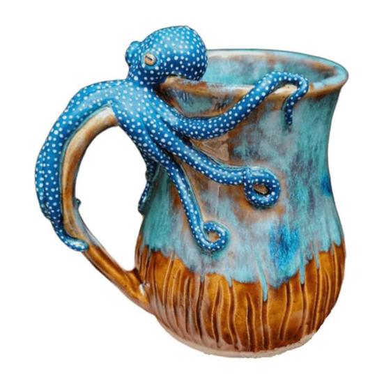 Blue Octopus Mug Handmade Octopus Coffee Cup Ocean Style Ceramic Mug Hand Painted Creative Art Mug Gift for Ocean Lovers