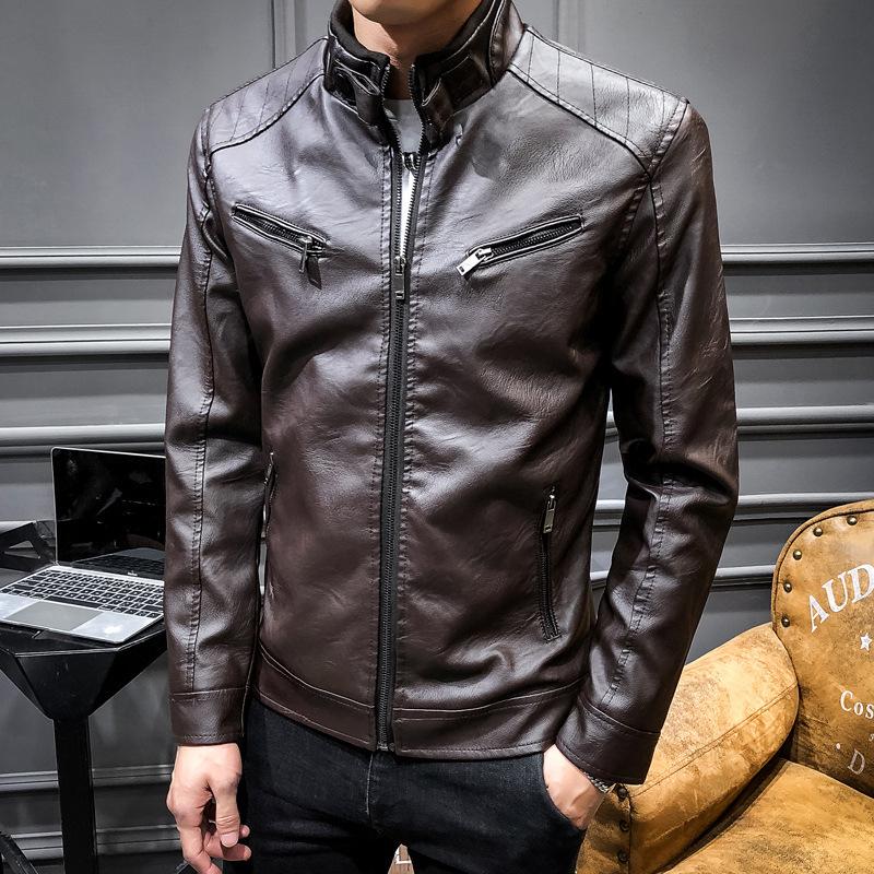 Spring Men's Motorcycle Leather Jacket, Autumn Style Korean Style Slim, Trendy and Handsome Green Casual PU Leather Top