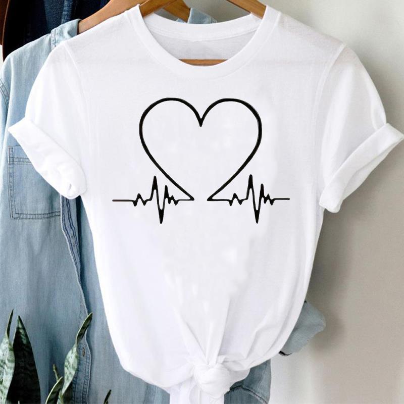 (Asian Size) love heart geometric Clothing Casual Flower Women Tee Top Fashion Short Sleeve T Shirt Print Lady Female Graphic T-shirts