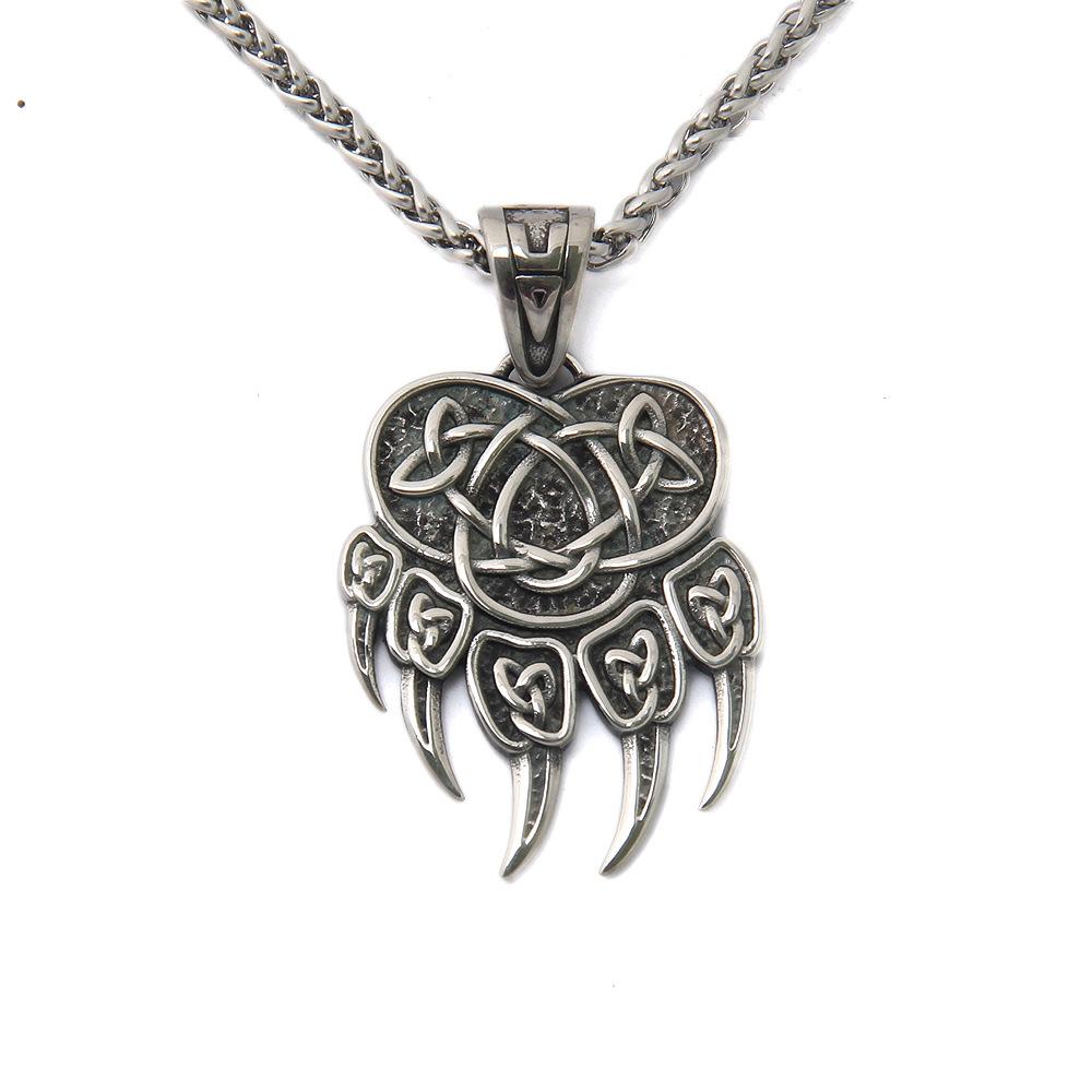 BAVIPOWER Bear Paw Pendant Necklace with Celtic Knot Pattern Stainless Steel Nordic Scandinavian Necklace Authentic Viking Jewelry