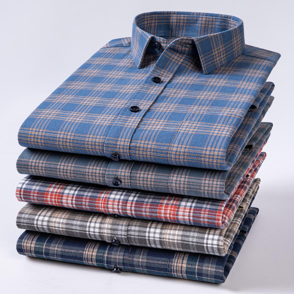 Over size 100%cotton brushed plaid long sleeve shirts for men single pocket casual tops soft vintage elegant designer clothes
