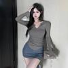 V-neck Black Long-sleeved T-shirt Women's Autumn New Small Spice Girl Waist Slim-fitting Pleated Inner Bottoming Shirt