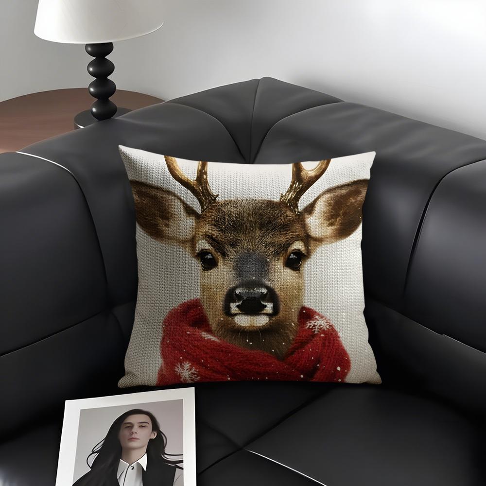 Reindeer Christmas Cute Cushion Cover Natural Linen Organic Fabric Double-Sided Printing Sofa Home Decor Gift Pillow Case