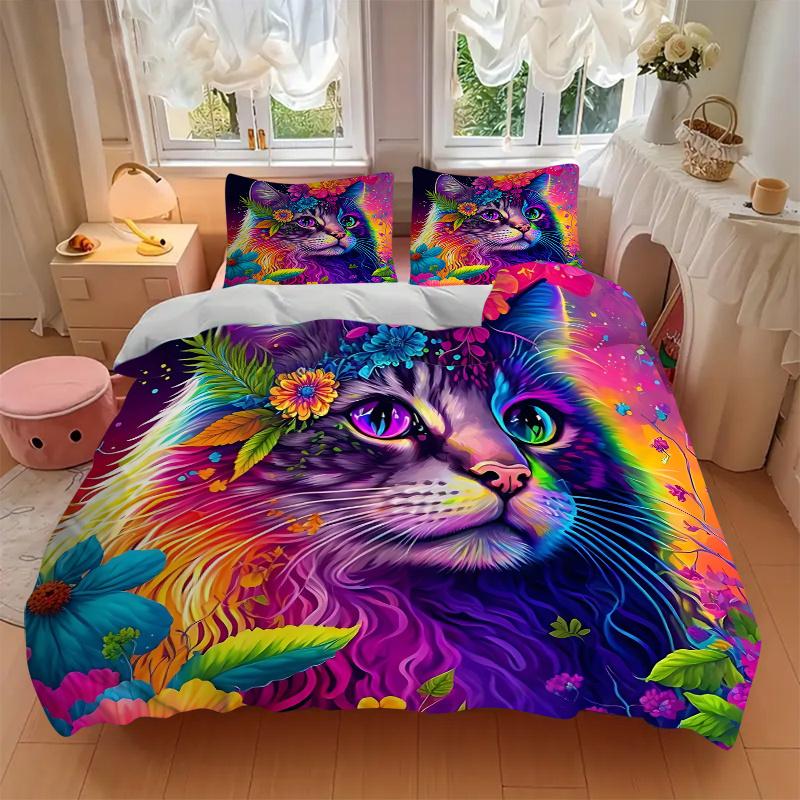 3pcs Multicolored Cat Quilt Set Cartoon Themed Bed Quilt Set Lovely Character Bedroom Decor Bed Quilt Set Four Seasons (1 Cover + 2Pillowcase NO