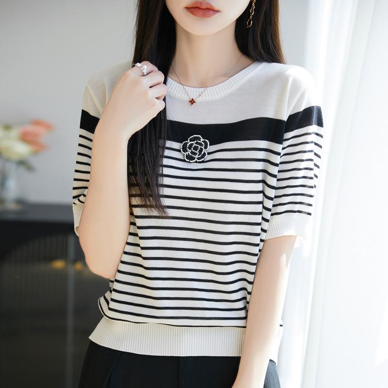 Women Knit T-shirt MODERN NEW SAGA Summer Knitted Shirt Short Sleeve Tees O-neck Patchwork Pullover Knit Tops