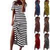 Women's Striped Side Slit Midi Dress V Neck Short Sleeve Casual Holiday Loose Dress