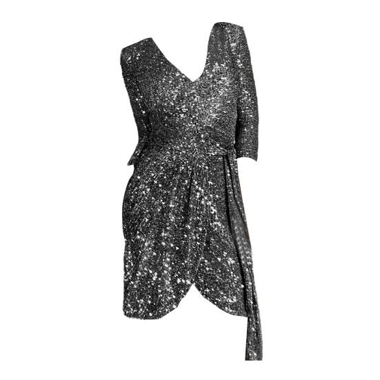 Women Evening Neck Long Sleeve Tight Waist Shiny Sequin Belted Dress V Irregular Hem Solid Color Soft Breathable Pullover Elastic Above Knee