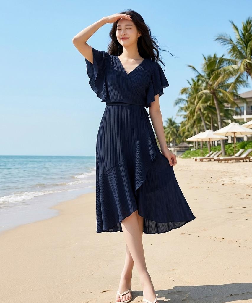 Helingbon Pleated Frill Wrap Strap Midi Dress Hj200
