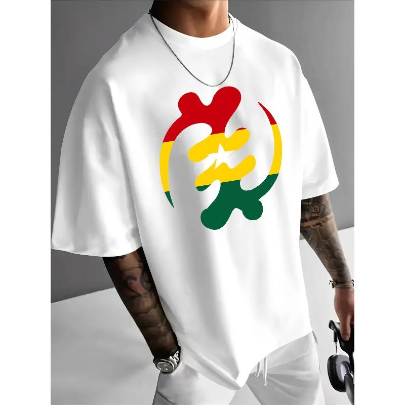 Ghanaian Element Print Men's Casual T-Shirt, Summer Men's Round Neck Short Sleeve T-Shirt, Fashionable Versatile Trendy Print Short Sleeve