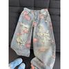 American High Street Flower Ripped Jeans Men's Summer High-end Thin Pants Rose Full Print Straight Trousers