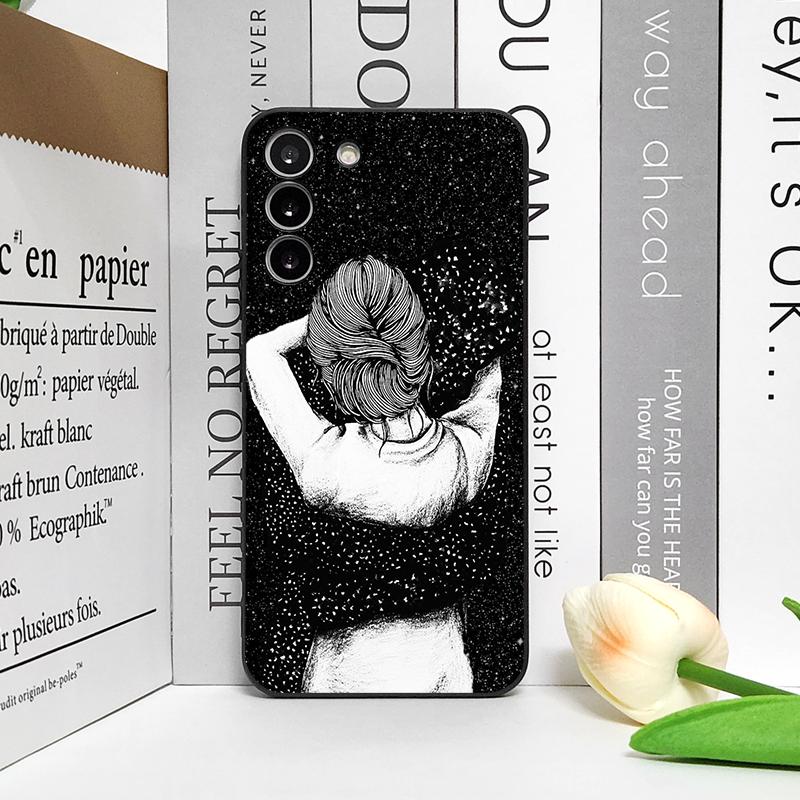 Kreatives Schwarzes Sternenstaub-Mädchen-Muster Handyhülle für Samsung Galaxy S25 S24+ S23 Ultra S22 Plus S20 S21 FE M53 M34 5G Weiche Hüllen