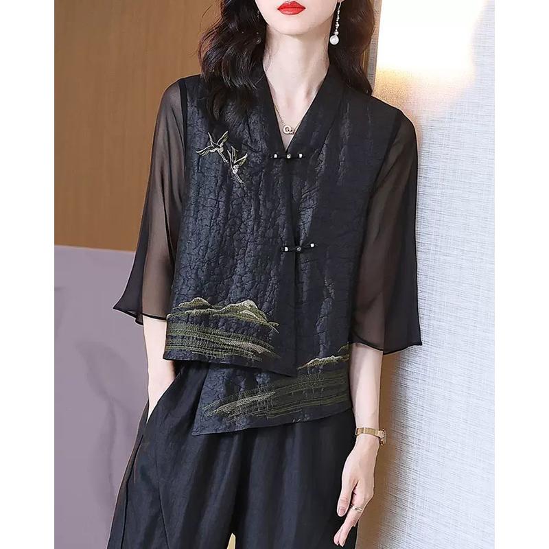 Frühling Sommer Elegant Chinesischer Stil Design Strickjacken Hemden Damen Kunstseide Vintage Bestickt Asymmetrische Blusen