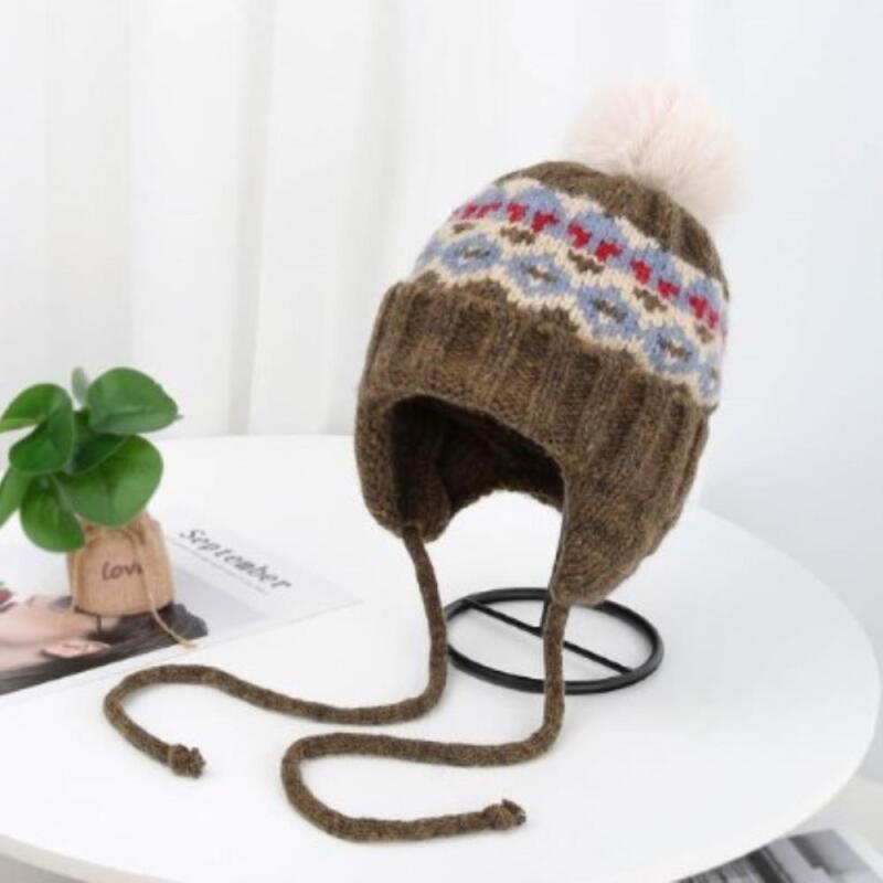 Women's Nordic Fur Ball Strap Earmuff Winter Hat