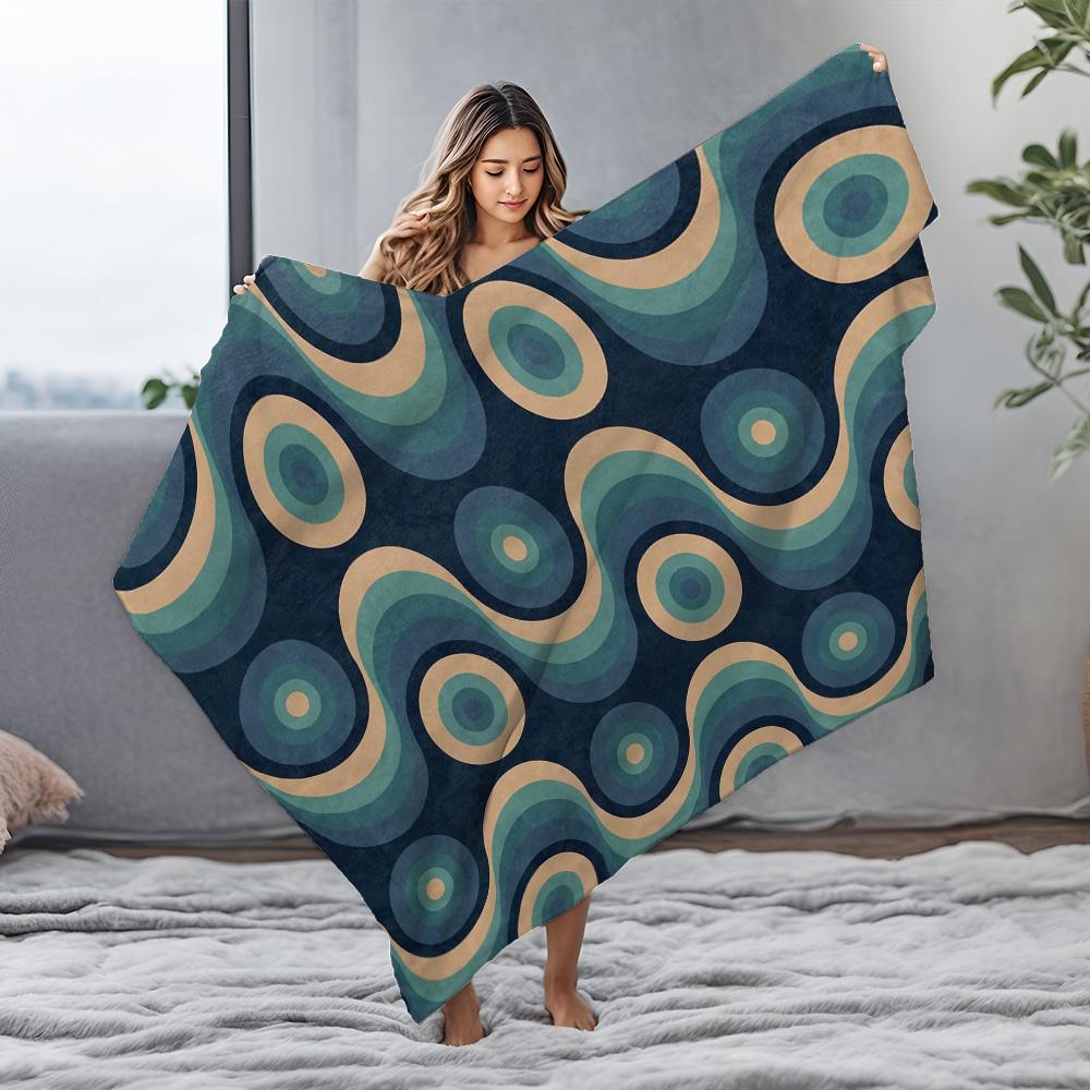 Geometric Wave Pattern Fleece Blanket Retro 70s Style Throw Sofa Bed Cover for Women Men Kids Gift