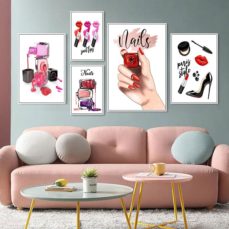 Lipstick Nail Polish Girl Cosmetics Canvas Painting Posters and Prints Beauty Salon Nordic Wall Art Pictures for Home Decoration