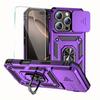 For iPhone 17 16 16e 15 Pro Max 14 Plus 13 12 11 Case Phone Bumper with Clear Tempered Glass Screen Protector Slide Camera Cover Ring Kickstand Holder