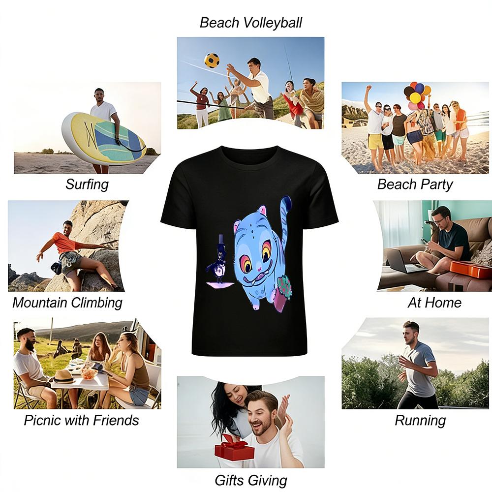 Funny Blue Cat & Gentleman Bird Graphic Tee Unisex Casual Loose Fit Crewneck Short Sleeve Top Pure cotton T-shirt